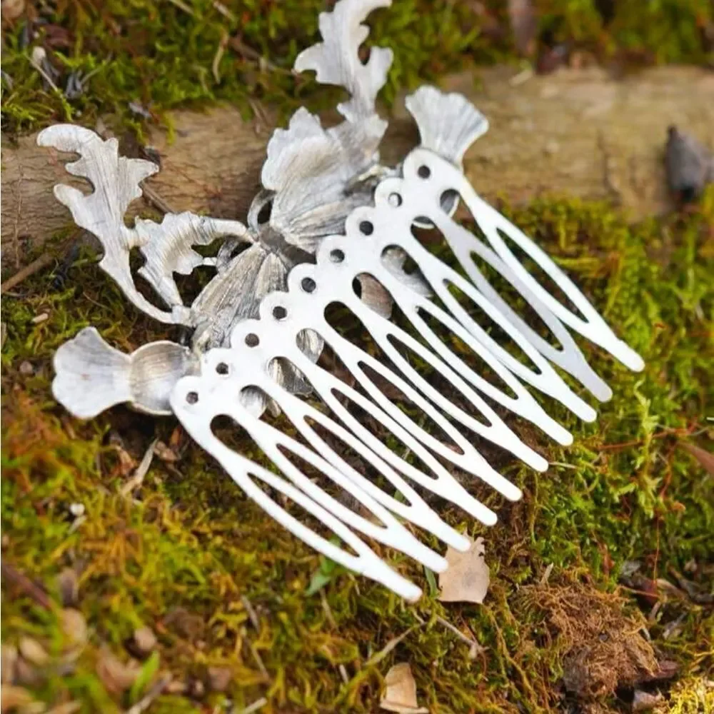 Gothic, Cottagecore Moth Floral Hair Comb, Silver Tone, Engraved Detailing, - Picture 4 of 4